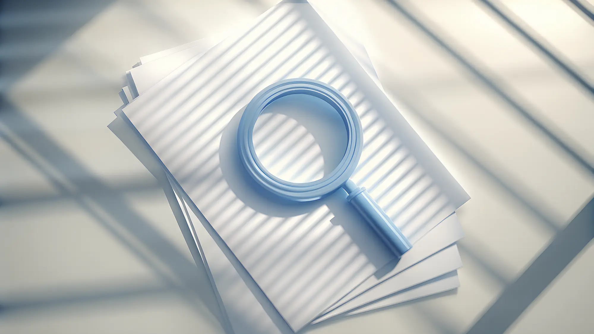 A blue magnifying glass resting on a stack of white papers, with light and shadow from window blinds creating striped patterns across the surface.